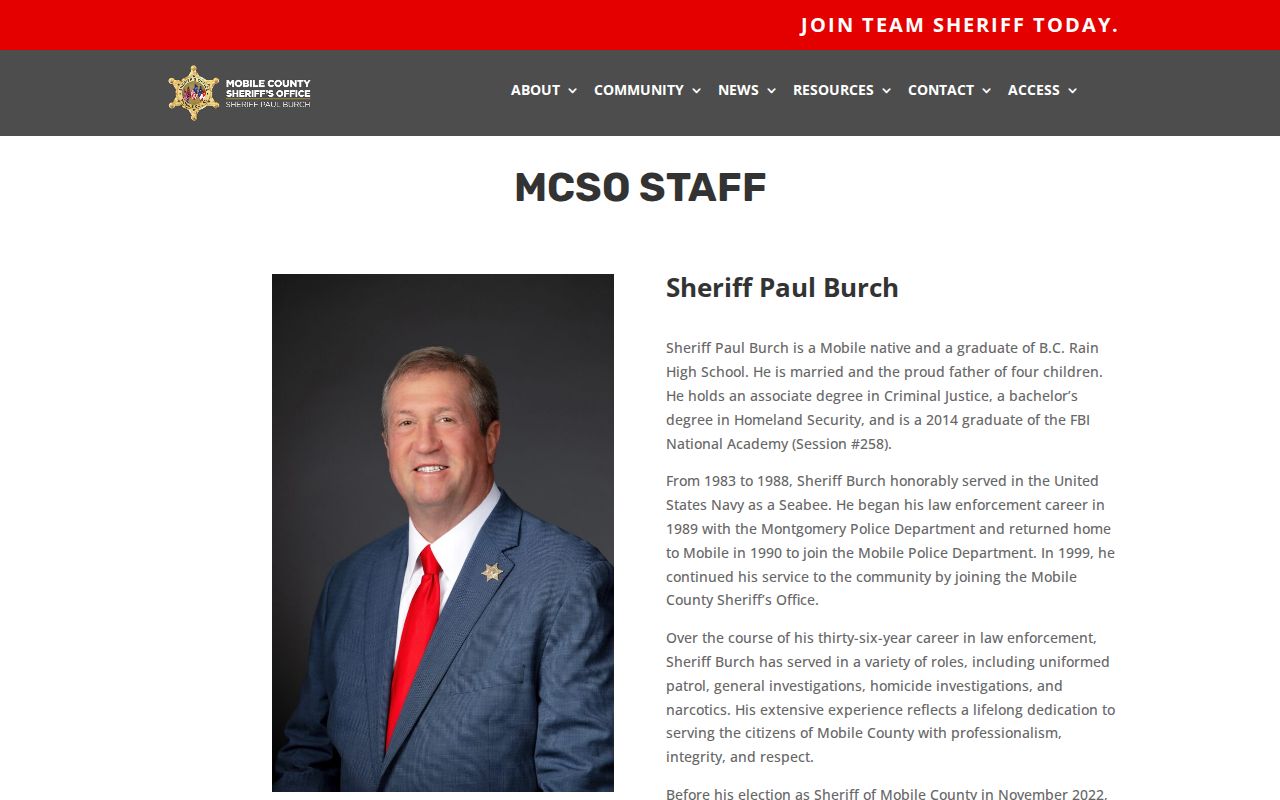 Mobile County inmate search Sheriff Paul Burch staff page