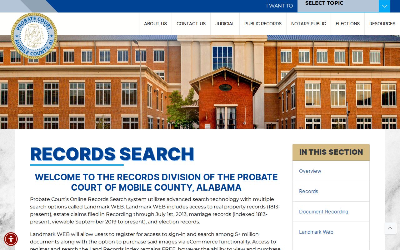 Mobile County probate records Landmark WEB search information