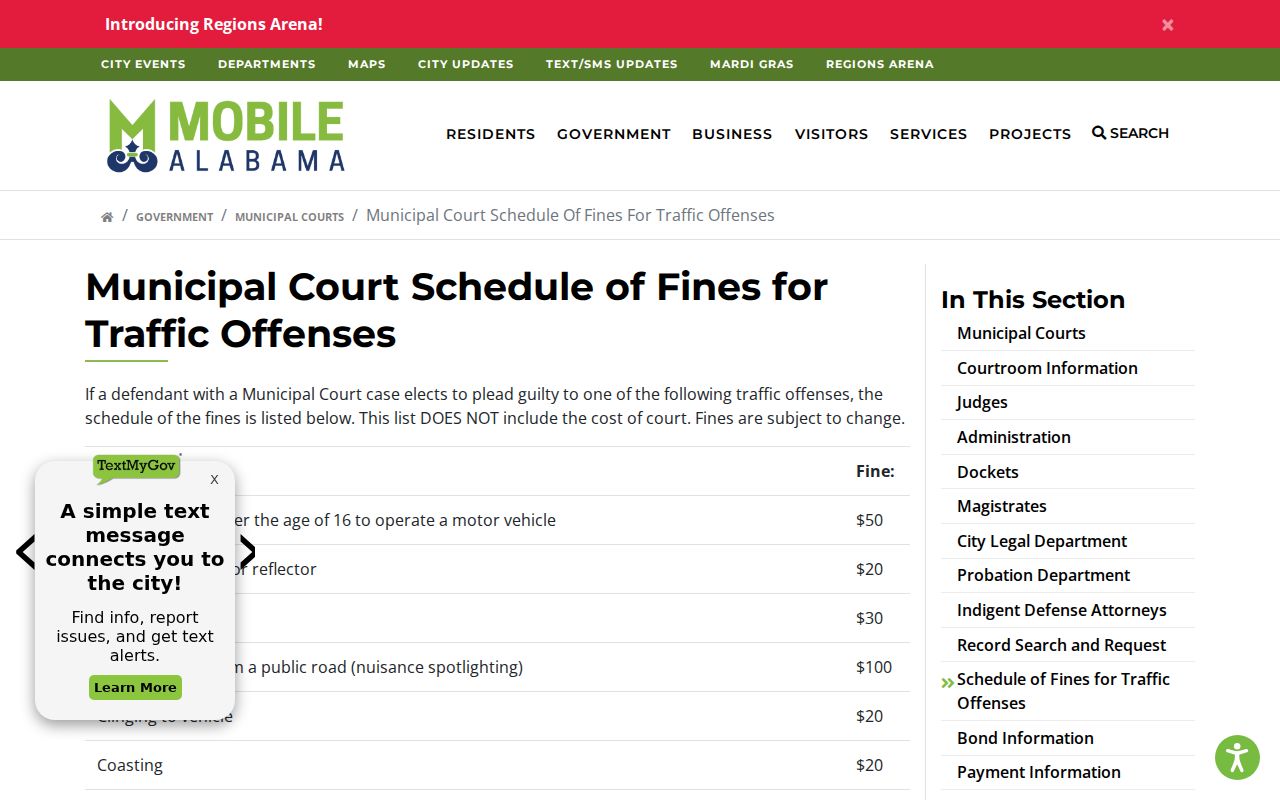 Mobile County traffic court records municipal fine schedule