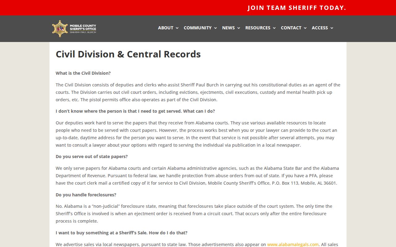 Mobile County warrant search Sheriff Central Records request page