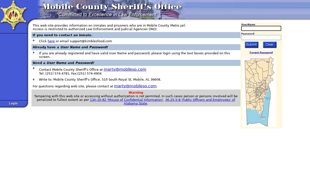 Mobile County warrant search restricted Sheriff jail portal login